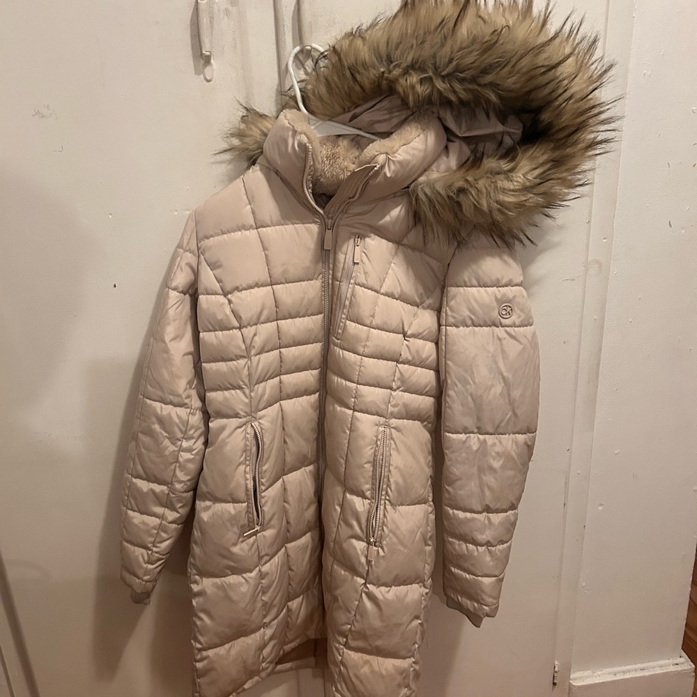 Calvin Klein Light Tan Quilted Ski Jacket with Faux Fur Hood